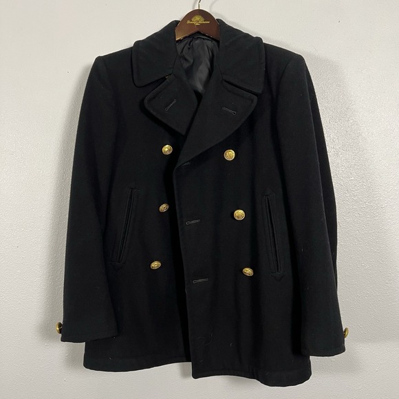 Mens Black Double Breasted Wool Peacoat Military Style Gold Buttons 34S